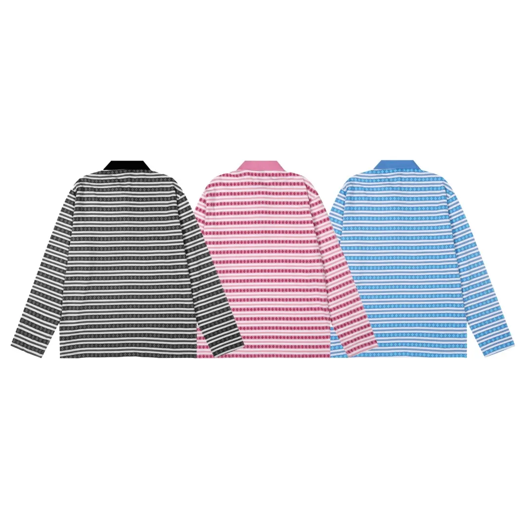 P210 White background picture [Popular item] Code: 25020# Color: Black/Pink/Blue Size: S to - CH Croix heart niche design cross jacquard striped long sleeves brings striped Polo to Next Levels. Loose fit. Same style for men and women. Lazy and casual. Street style. Three colors. Customized style.